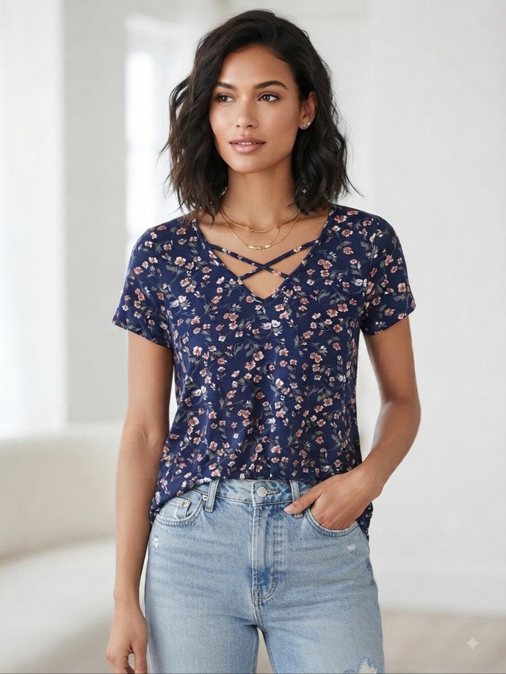 Kaileigh Navy Floral V-Neck Blouse